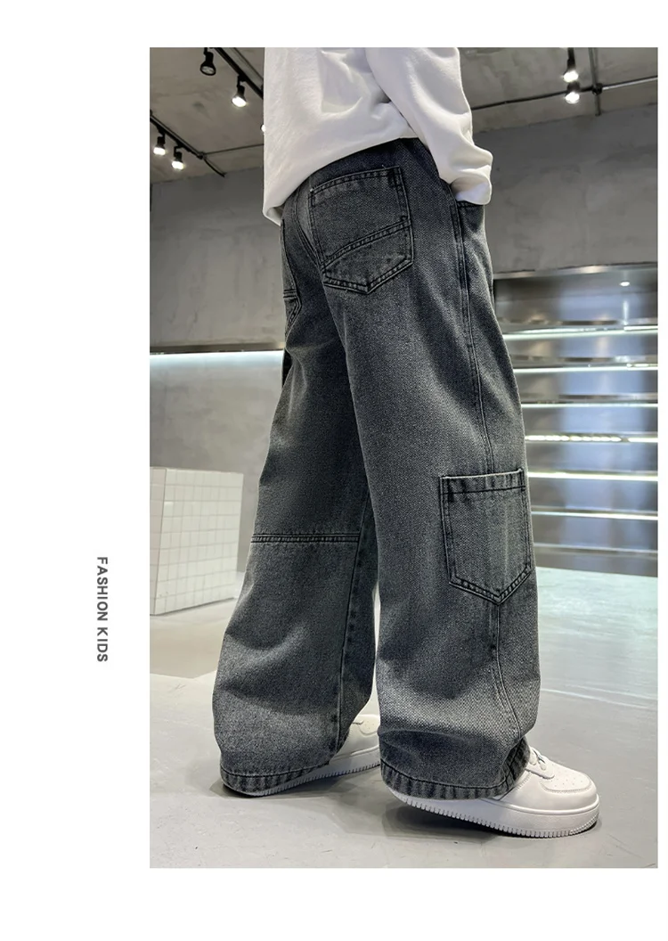 Graue Vintage-Jeans mit Tasche für Jungen, modische High-Street-Denim-Hose, lässige gerade Jeanshose für Teenager. – Detail 4