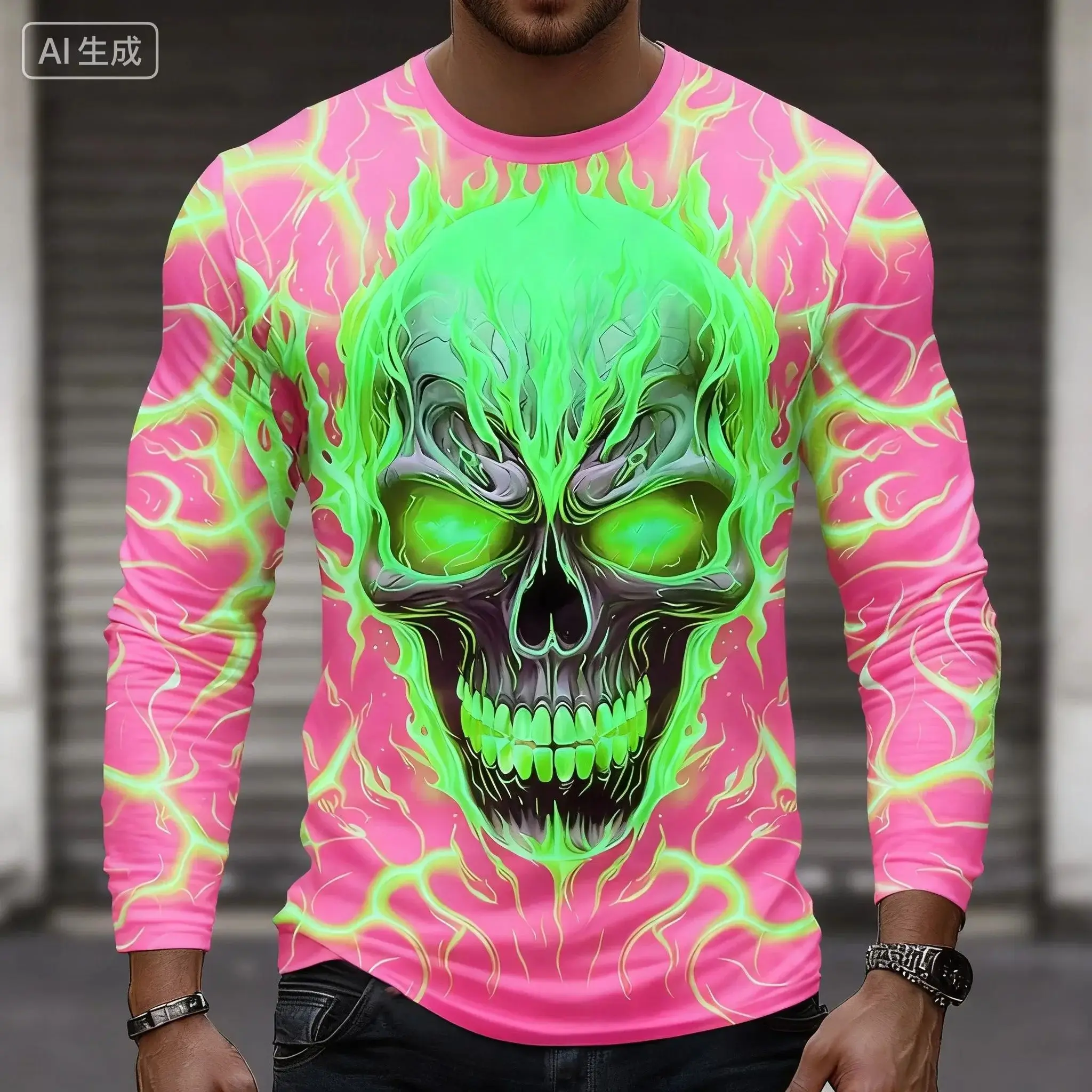 تي شيرت رجالي بتصميم جمجمة ثلاثي الأبعاد مطبوع مريح وجيد التهوية برقبة دائرية مناسب للأنشطة الترفيهية الخارجية #3