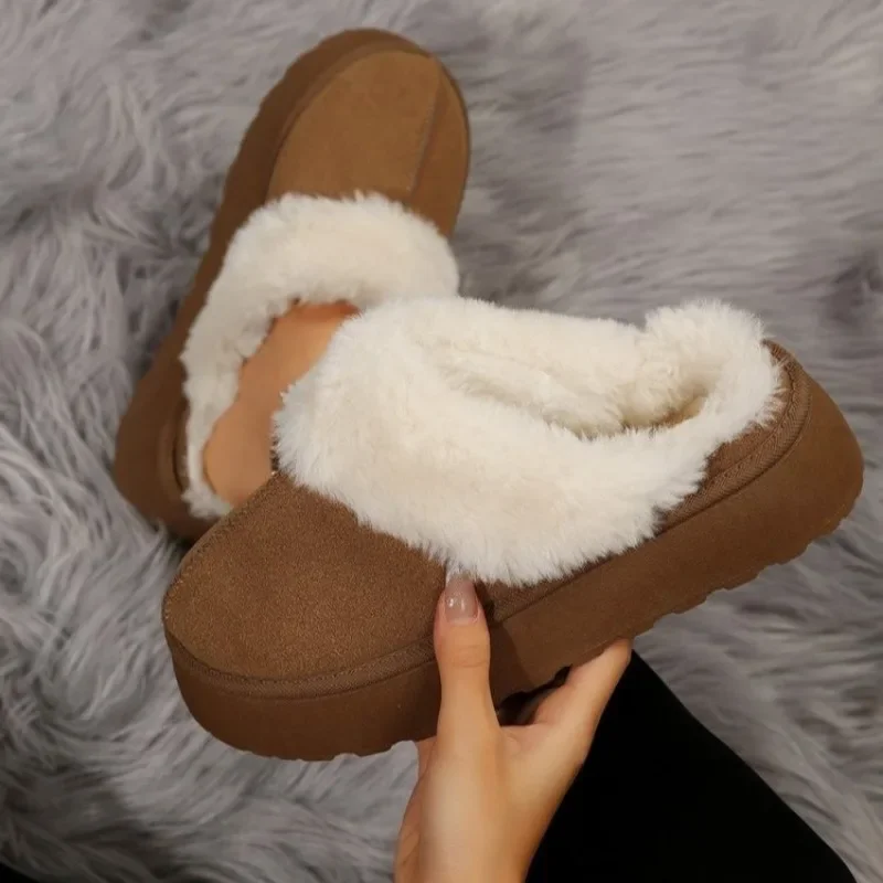 Winter Fur Snow Slipper Women Korean Simple Platform Slippers Long Plush Warm Soft Indoor Thick Sole Footwear Cotten Shoes