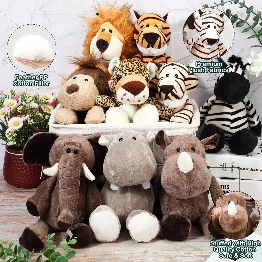 20 Pcs Safari Stuffed Animals 11.8'' Plush Jungle Wild Animals Cute Elephant Giraffe Lion Tiger Monkey