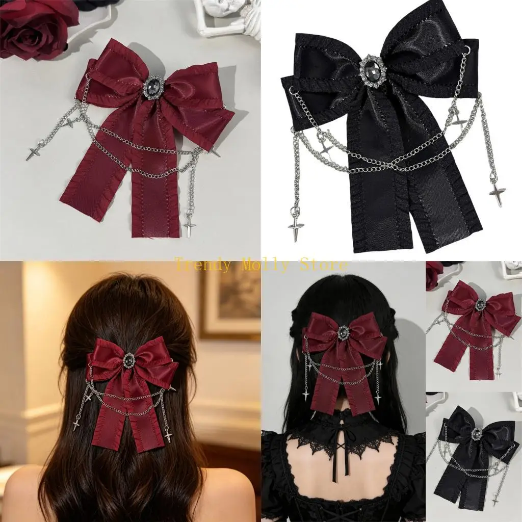 

N5KB Oversized Hair Bows with Lace Chain Decors Punk Design Hair Clip For Women Teens Girl Daily and Cosplay Party Dressingup