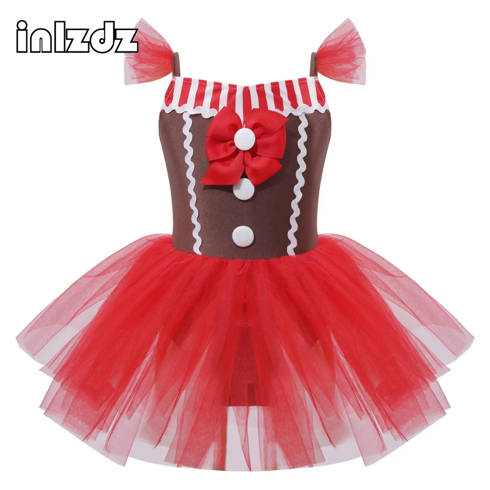 Kids Girls Christmas Costume Halloween Cookie Gingerbread Man Cosplay Fancy Dress Sleeveless Mesh Tutu Ballet Leotard Dancewear