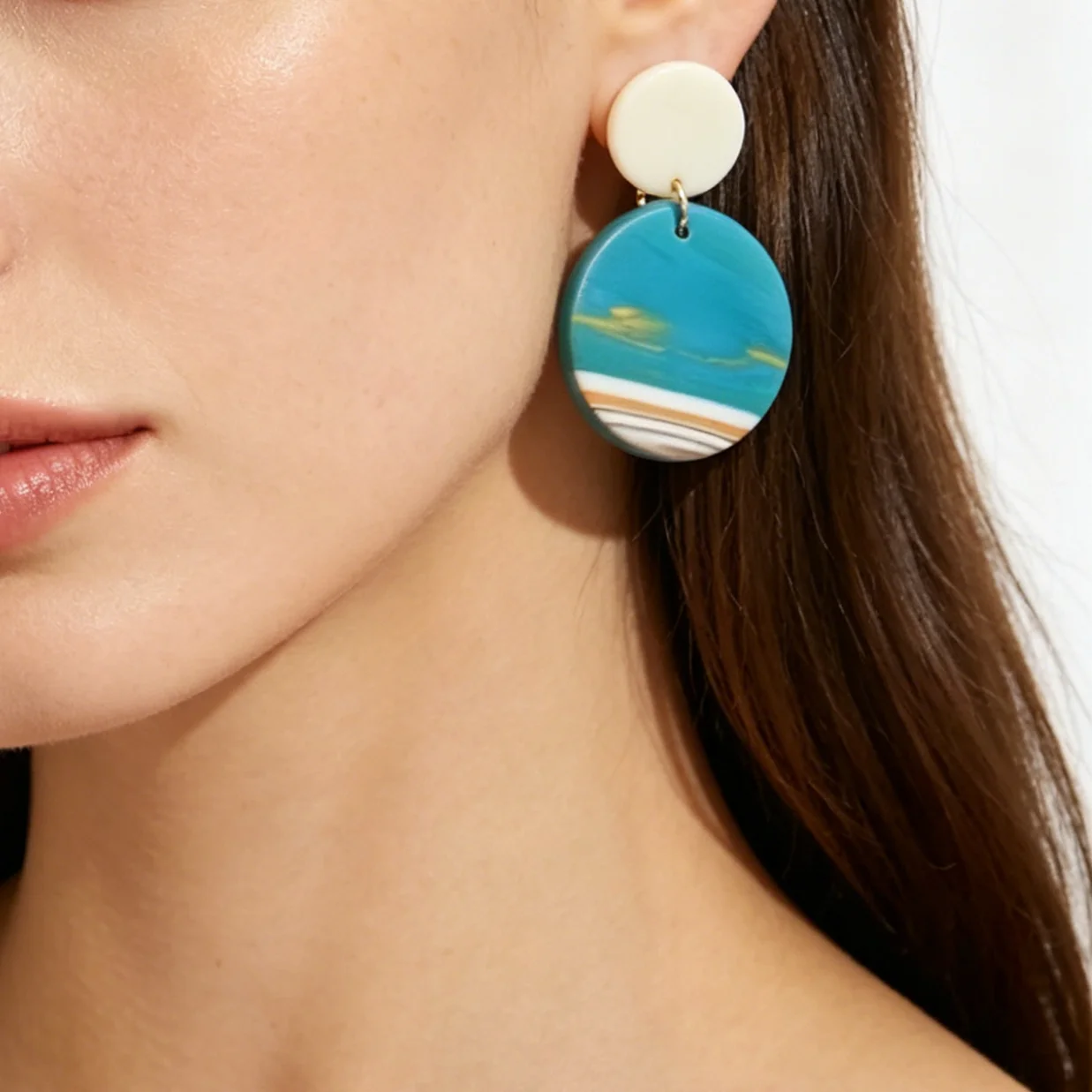Beach Blue Marbled PolymerClay Earrings Abstract Landscape Geometric Drop Summer Vacation Accessories Modern Round Square Dangle