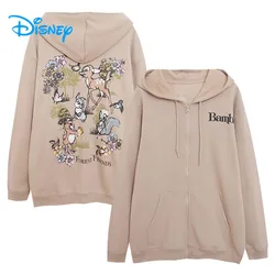 Disney Bambi Thumper Rabbit Fleece Hooded Sweatshirt Women Casual Zip Up Hoodies Jacket Female Streetwear Cartoon Jumper Tops