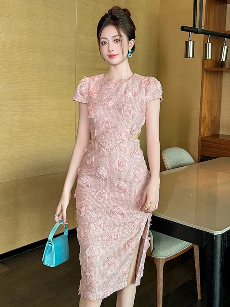 Socialite Elegant Party Dress ผู้หญิงหวานเซ็กซี่เก๋ดอกไม้ Hollow ตัด Midi Robe Femme วันเกิดจัดเลี้ยง Vestidos วันหยุด