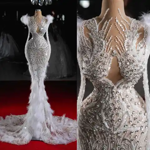 Sexy High Neck Wedding Dress Sparkly Sequined Full Sleeve Mermaid Bridal Gown Fashion Feathers Beaded Bride Dresses Customized