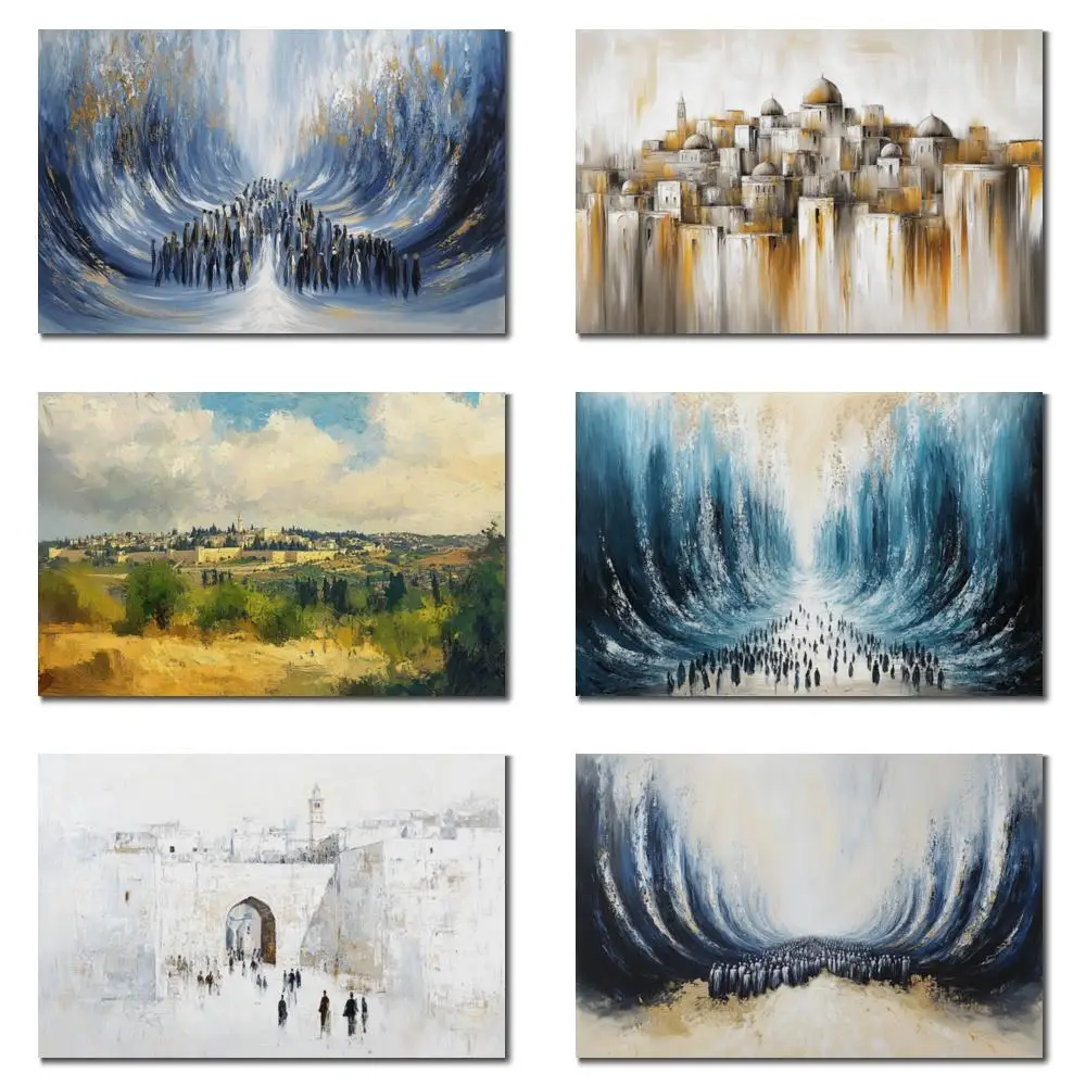 

Handpainted Judaica Canvas Art Splitting Sea Gold Abstract Jewish Painting Textured Jerusalem Artwork Family Room Bathroom Decor