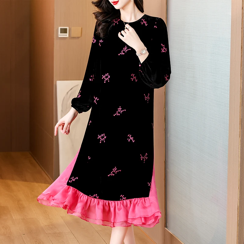 AIMEILI Women Rose Velvet Embroidery Floral Midi Dress 2024 New Fashion O Collar Dress Autumn Winter Korean Vintage Party Dress