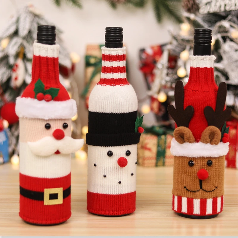 2024 New Arrival Christmas Ornament Knitted Wool Belt Elderly Red Wine Bottle Cover Table Dress Up Kitchen Decor Wholesale