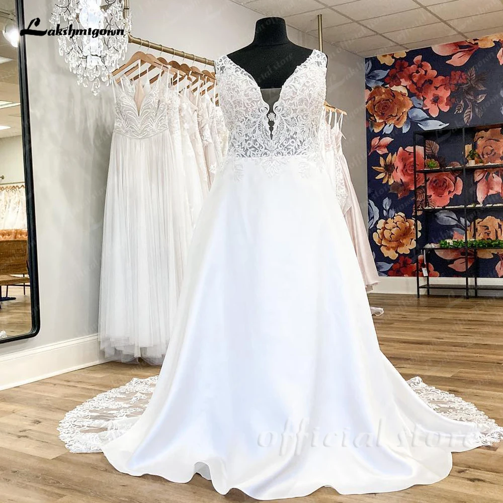 Lakshmigown plus size feminino vestidos de casamento de cetim personalizado longo elegante praia vestidos de noiva ruched uma linha apliques de renda