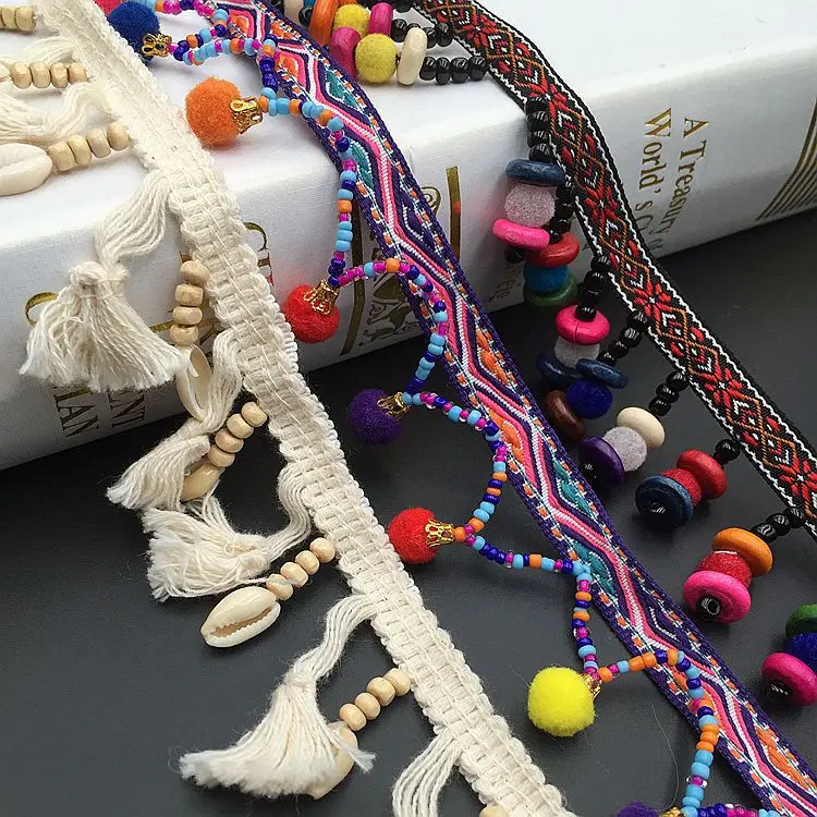 

Ethnic Style Handmade Beaded Lace Trim Wooden Bead Curtain Bead Tassel Fringe Lace Trim Clothing DIY Accessories