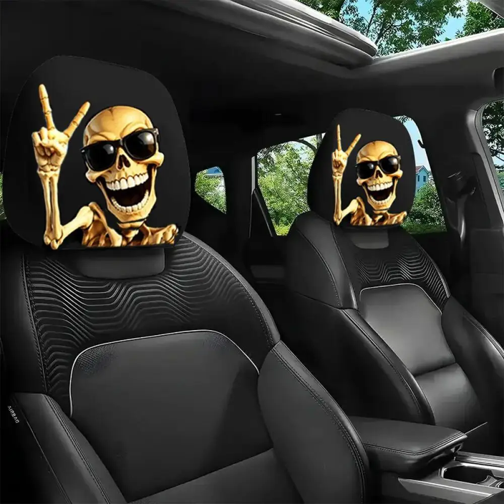 2 Pieces Cool Skeleton Print Car Headrest Covers Skull Peace Gesture Patterns Universal Soft Fabric for Car Interior Decoration