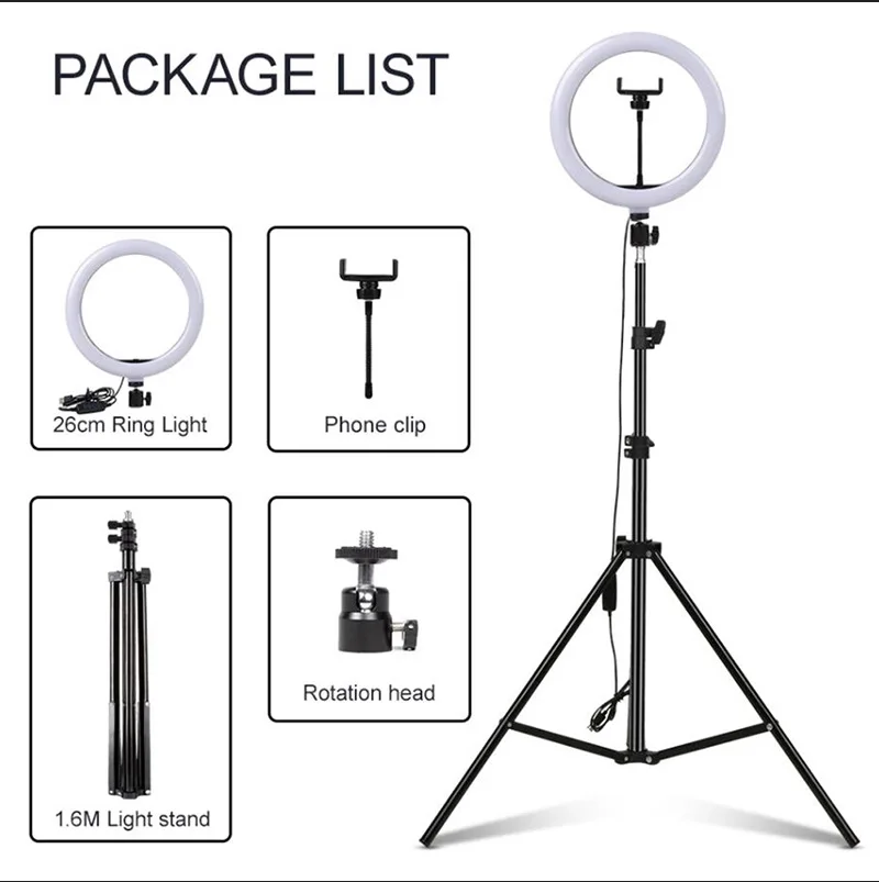 10 Inch LED Selfie Ring Light Dimmable Photography Fill Lamp with Mini Tripod for Phone Tiktok Live Video Photo Studio Ringlight