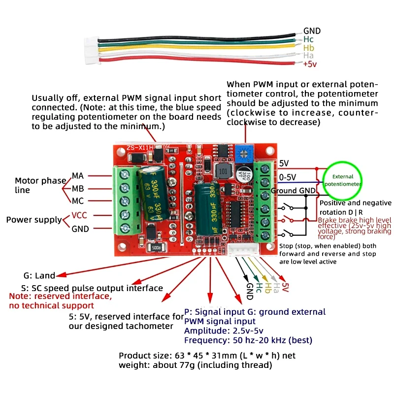 DC 6-60V 400W BLDC Three Phase DC Brushless Motor Controller PWM Hall Motor Control Driver Board 12V 24V 48V