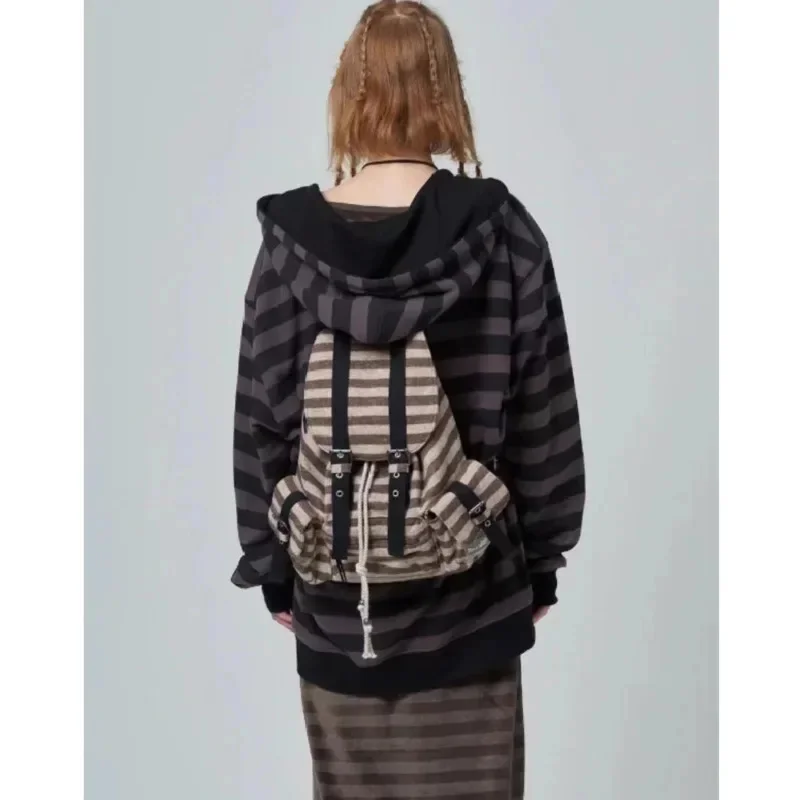 Ransel Bergaris Tas Tangan Wanita Jeans Y2K Sama Jepang Korea Fungsional Kasual Kotak-kotak Ransel Selempang Pasangan Kapasitas Besar
