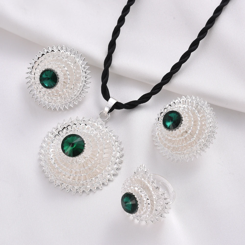 Eritrea Cute Big Red Zirconia Jewelry Set for women Ethiopian Silver plated Pendant/Earring/Ring Africa Bride Wedding Party Gift