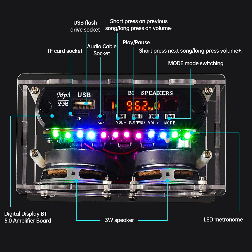 DIY 87.5-108MHZ FM Radio Stereo Kit Amplifier Bluetooth Speaker with Spectrum Electronic Fabrication Soldering Practice Parts