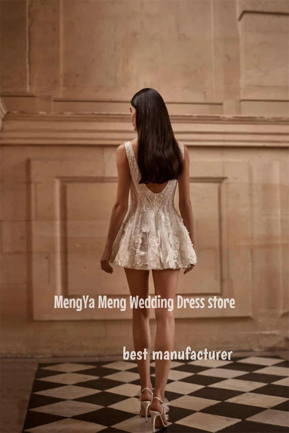 ZHUISHU-vestido de novia de encaje de lujo con lentejuelas, minivestido de novia con cuello en V y cremallera en la espalda, Vestido corto con cuentas, vestido de fiesta Formal personalizado 2025