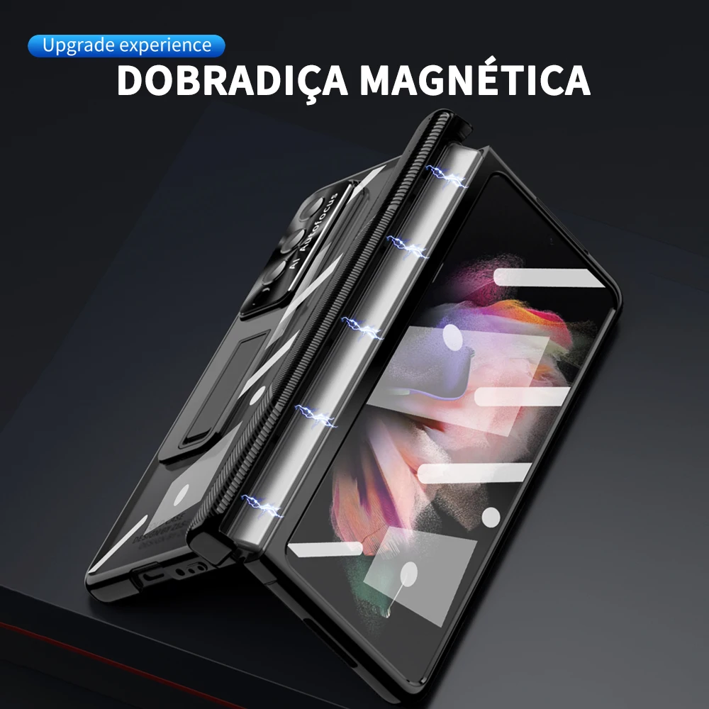Magnetic Cover for Samsung Galaxy Z Fold 3 and 4 Phone Case with S Pen Tempered Film Kickstand, Full Protection, Fashion