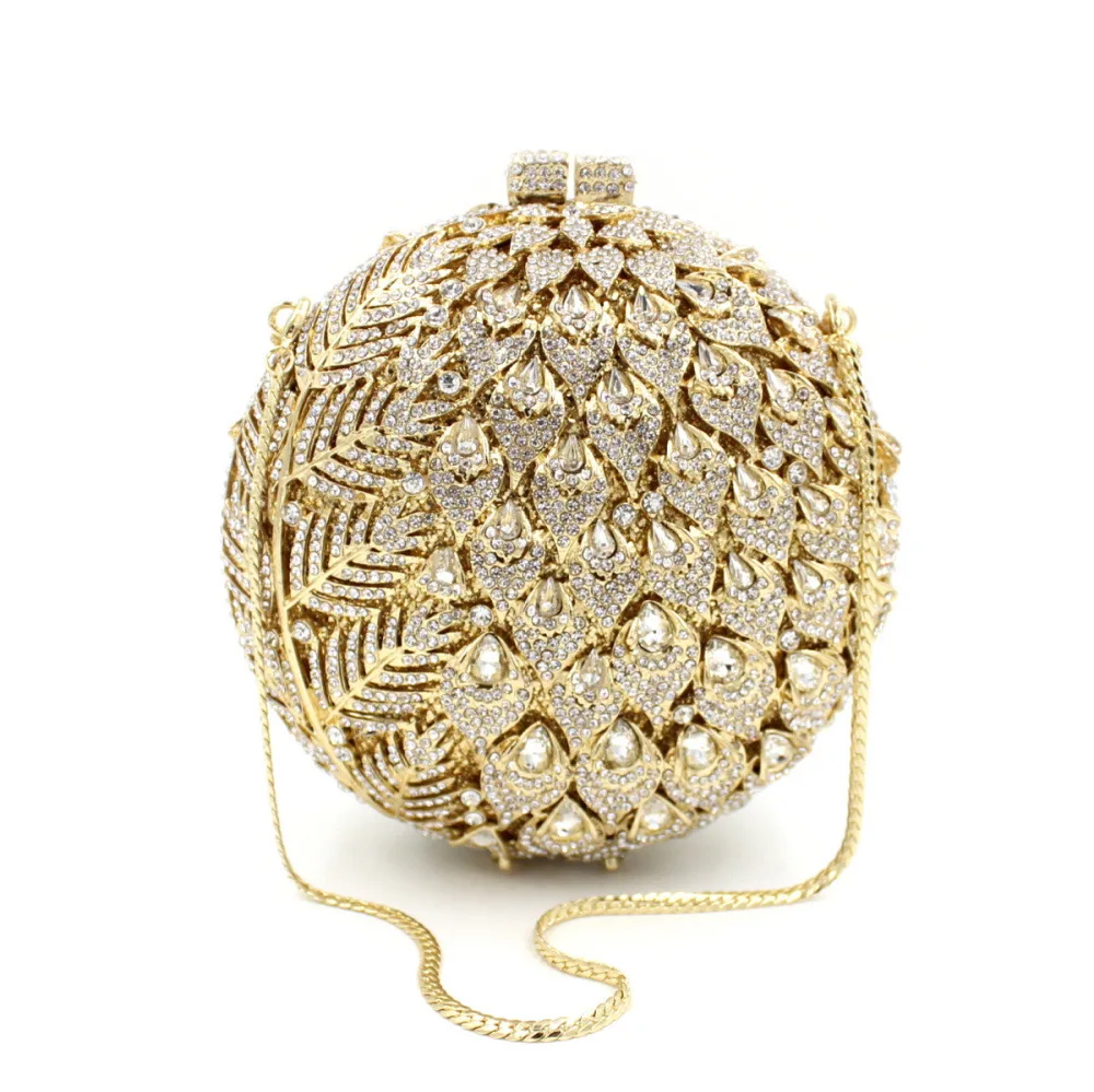 

Round rhinestone bag Hollow metal crystal dinner bag Handmade diamond-encrusted banquet clutch women's bag