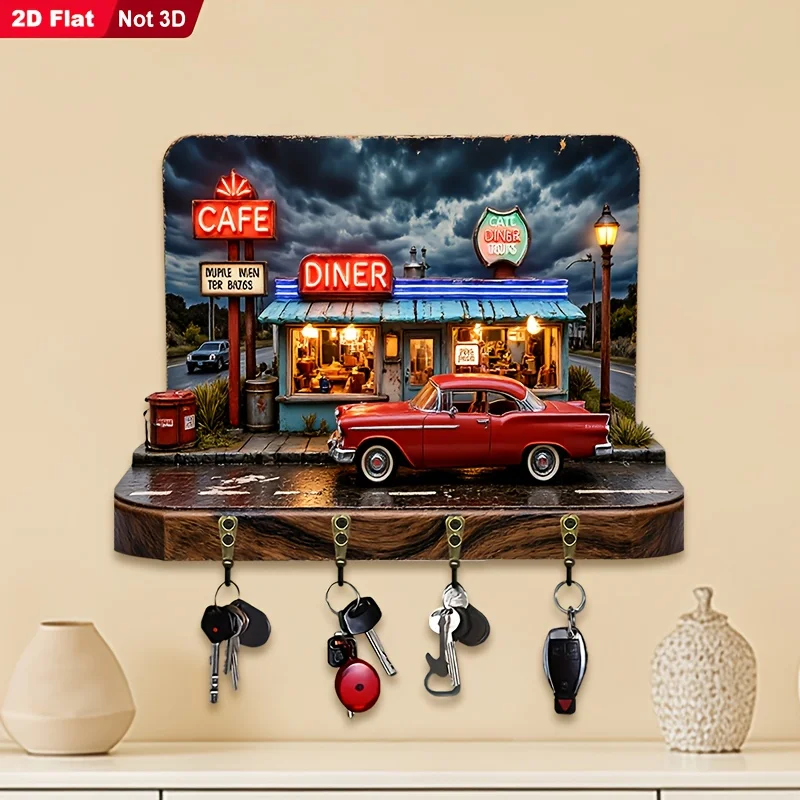 2D Flat, 1pc, American Retro Diner Themed Style Key Hook, Wooden Multifunctional Home Key Rack, with Four Metal Hooks, Wall