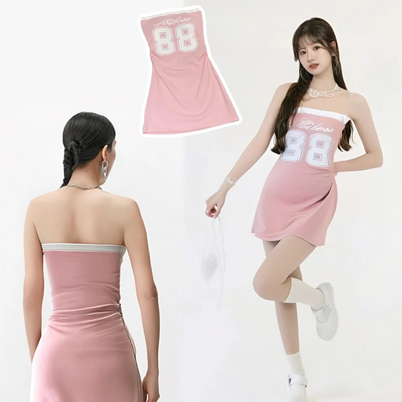 Y2K-vestido Sexy sin tirantes con estampado de letras para mujer, vestido acampanado blanco y rosa, vestidos azules y negros 2024