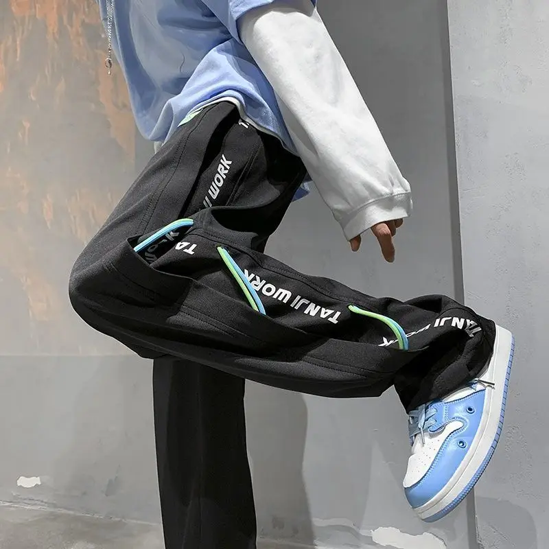 Ice Shreds Thin Trousers Summer New Men's Patchwork Elastic Drawstring Casual Loose Young Style Letter Straight Wide Leg Pants