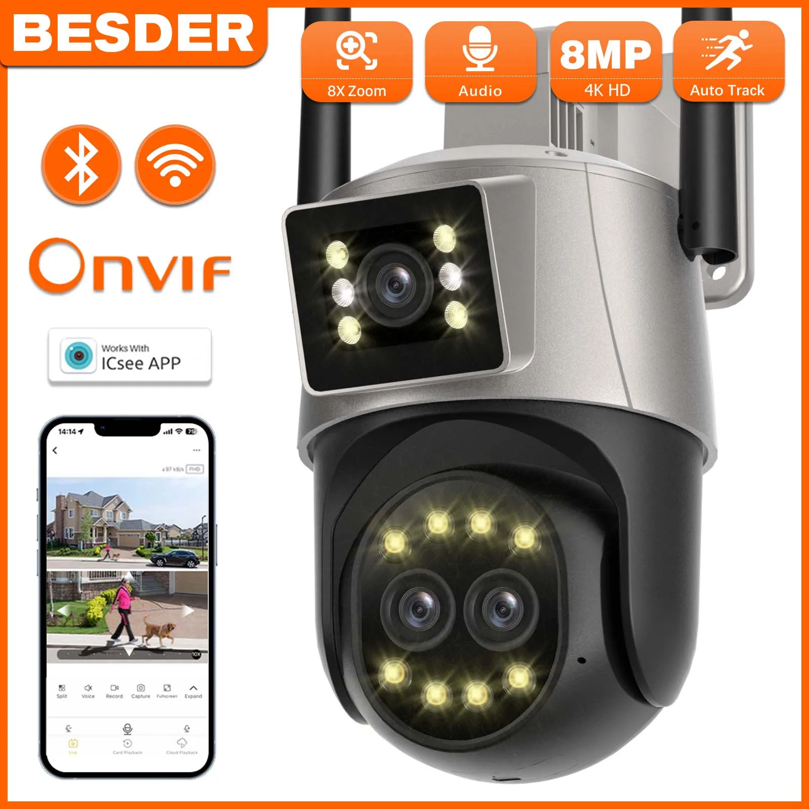 8MP PTZ Wifi Camera Three Len 8X Digital Zoom Lens Dual Screen Wireless Outdoor Surveillance CCTV 4K IP Camera For iCSee App