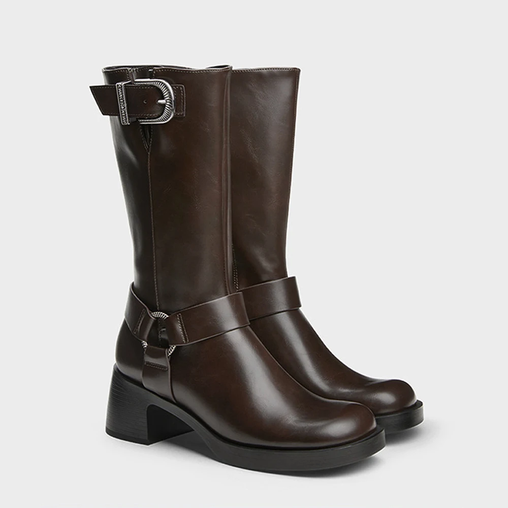 

FWRD Women's Leather Round-Toe Buckle Decor Chunky-Heel Mid-Calf Riding Boots, Comfortable for Daily Wear & Casual #FWRD000299