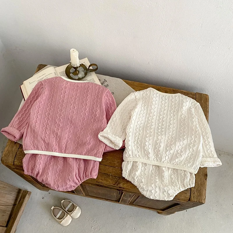 INS Spring Baby Girl Clothes 0-3Years Newborn Kids Solid Color Long Sleeve Cardigan Tops Or Suspender Bloomers Shorts Outfits image 2