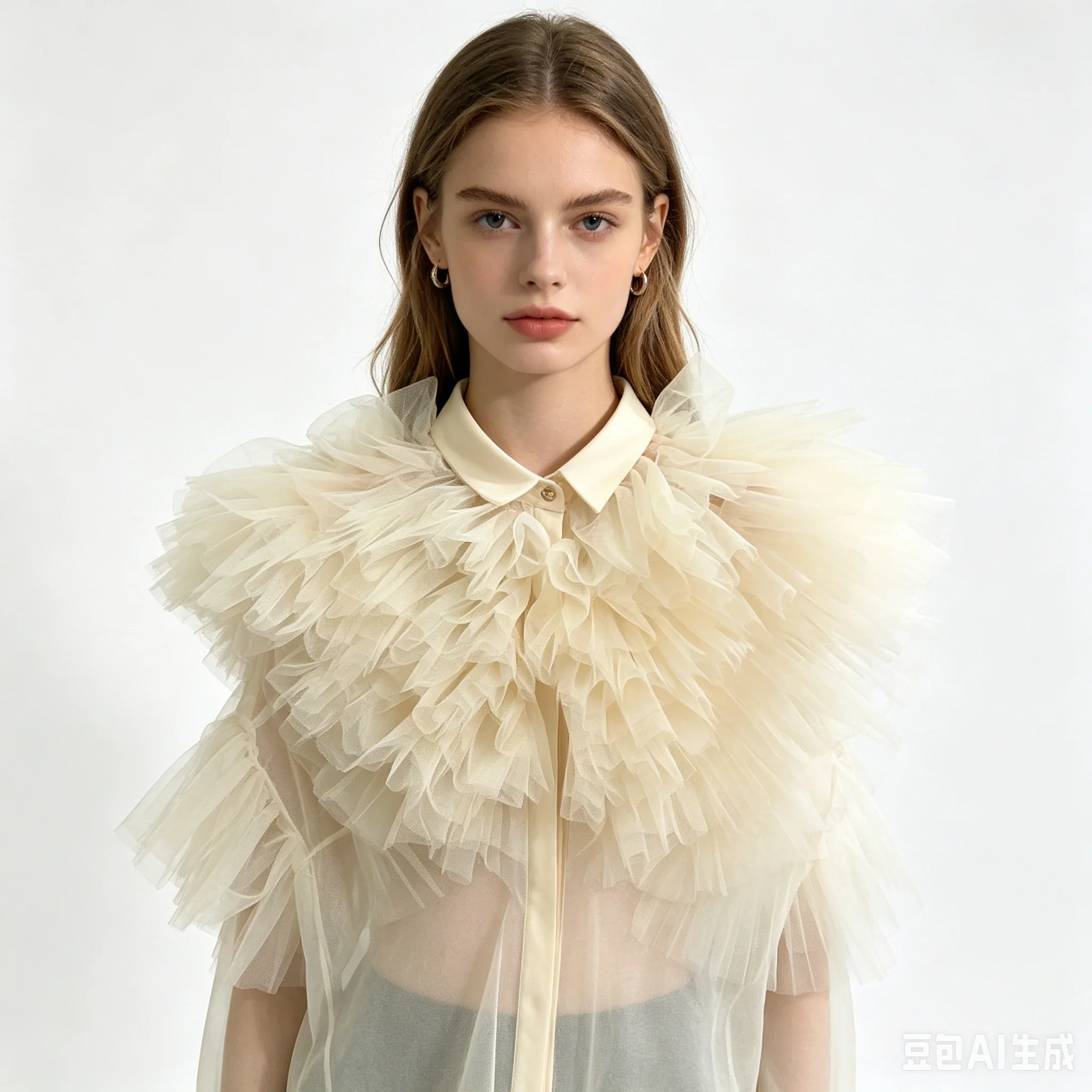 

Off White Collared Sheer Mesh Blouse with Layered Tulle Ruffle Puff Shoulder Fairycore Top for Party Photoshoot Custom Made