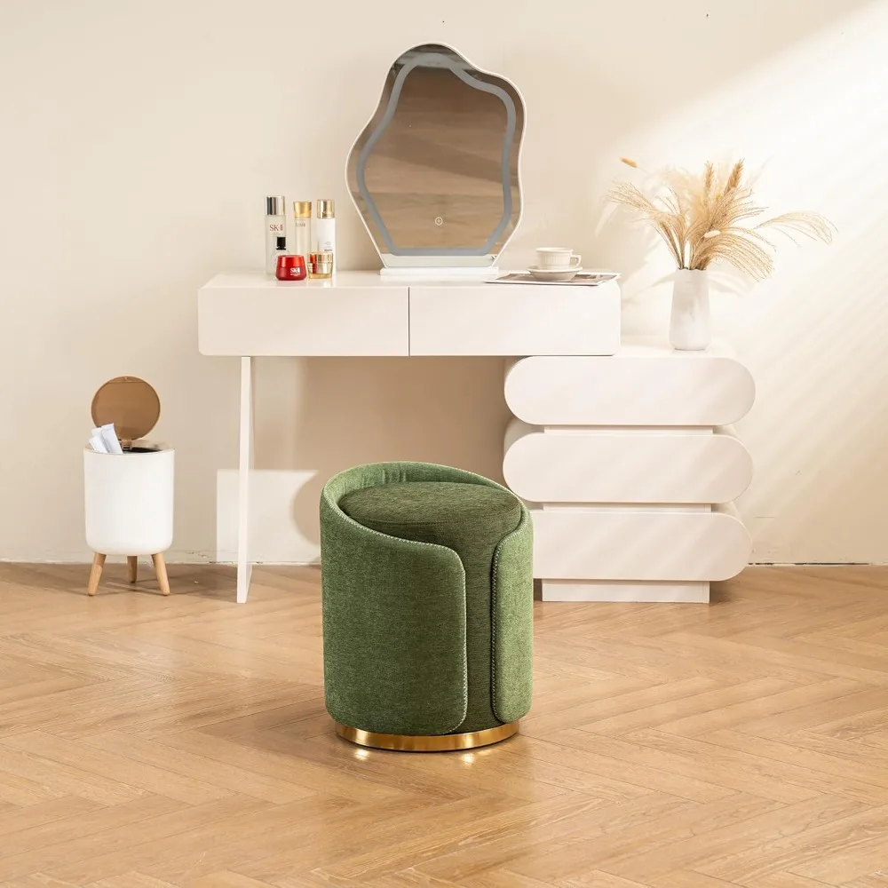 

Swivel Vanity Stool with Gold Base – Comfy Round Makeup Chair & Ottoman Footrest – Modern Vanity Seat for Bedroom or Living Room