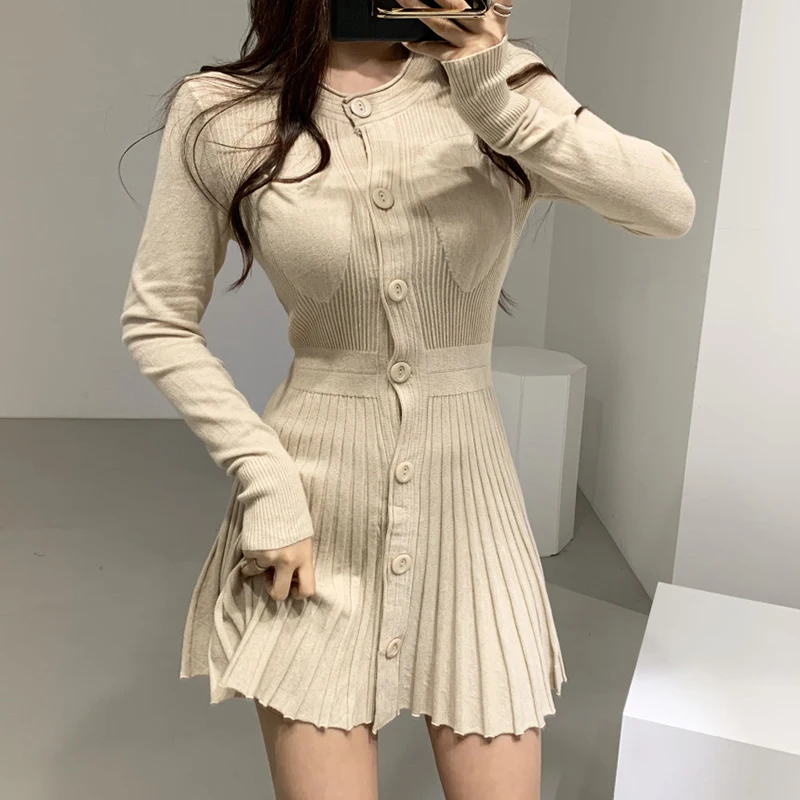 

Solid Pleated Dresses Warm Elegant 2022 Winter Clothing Thick Sweater Dress Women Vintage Autumn Knitted Korean Woman Vestido