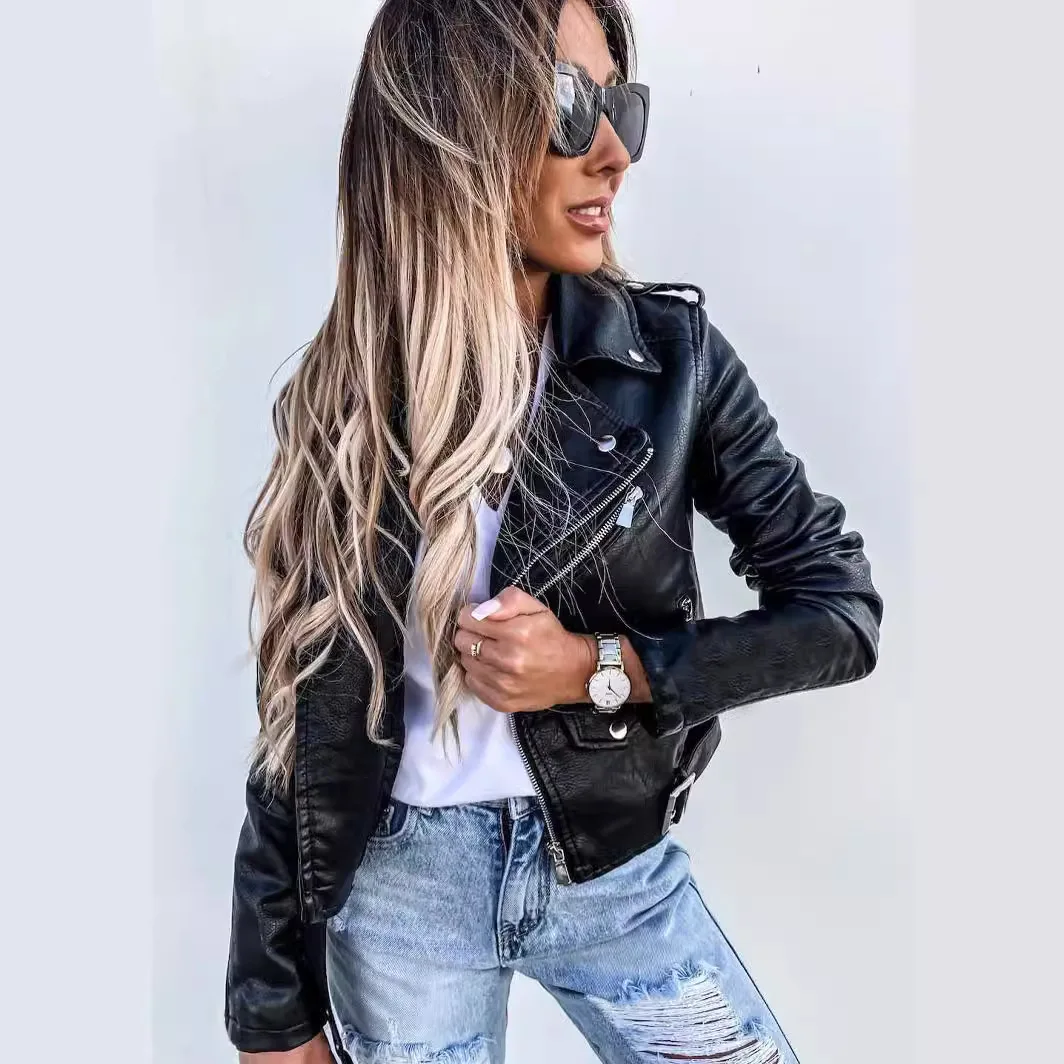 

Leather Women Jacket Short Zipper Motorcycle Jacket Windproof Faux Leather Turn-down Collar Biker Coat Fashion Moto Jacket