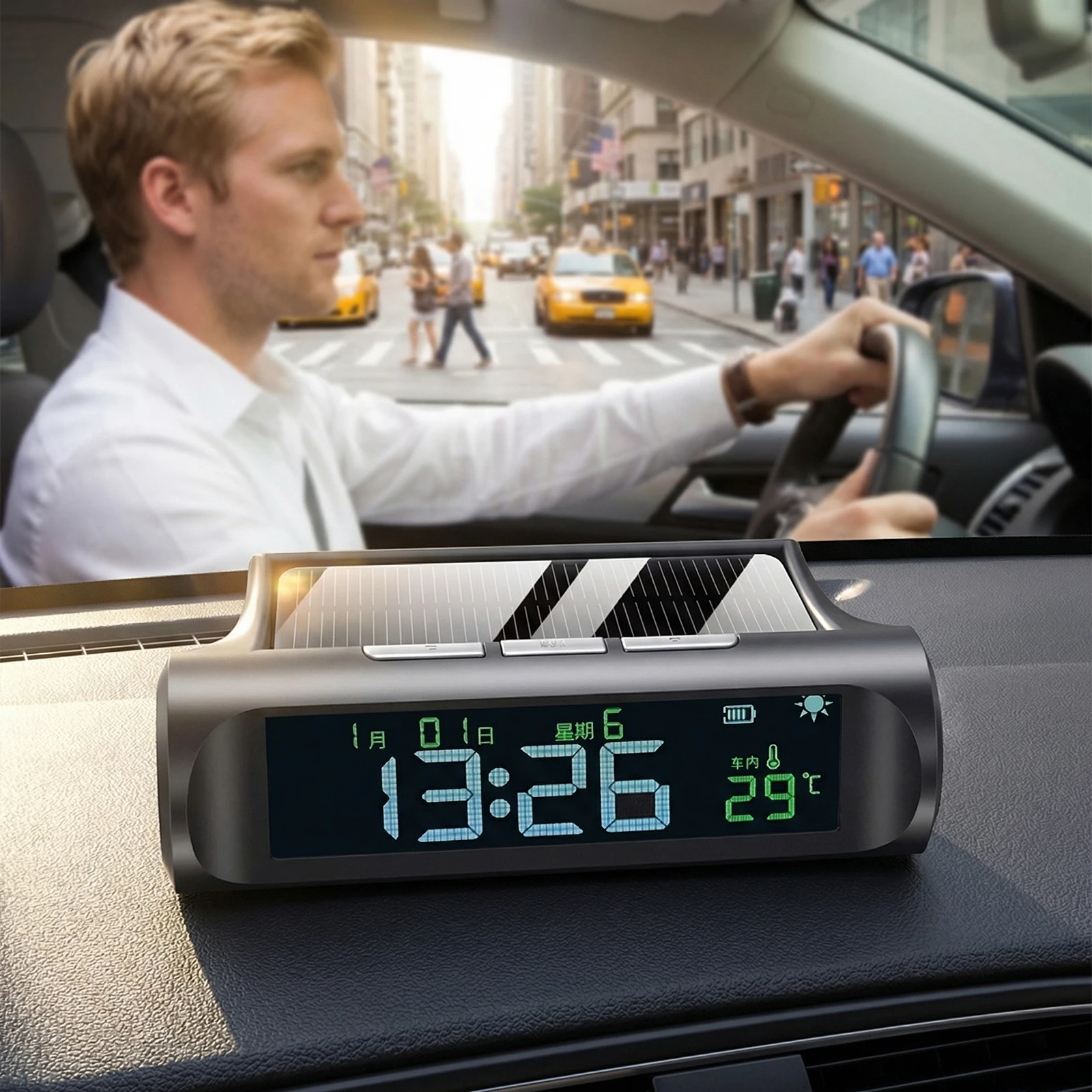 Car USB/Solar Charge Smart Digital Clock Calendar Time Temperature LED Display Auto Start/Off Automobile Interior Accessories