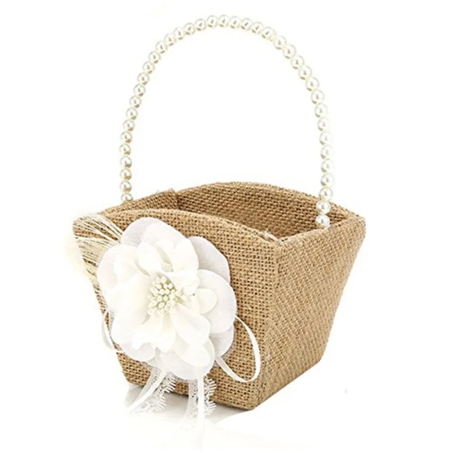 Cesta de flores de arpillera para niña, mango de perla para ceremonia de boda rústica Vintage, encaje blanco pequeño, 2 uds.