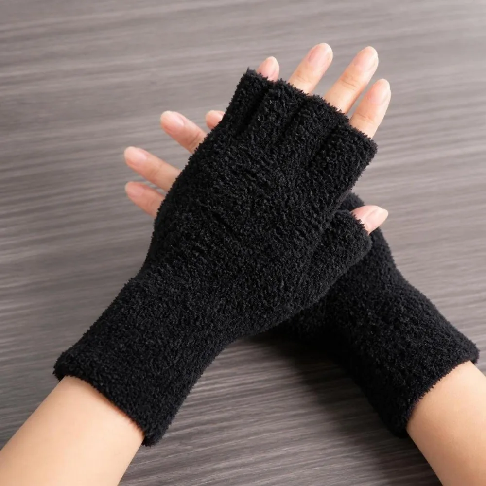 Warm Solid Color Fingerless Gloves Coral Fleece Finger Openings Half Finger Mittens Thicken Writing Gloves Winter