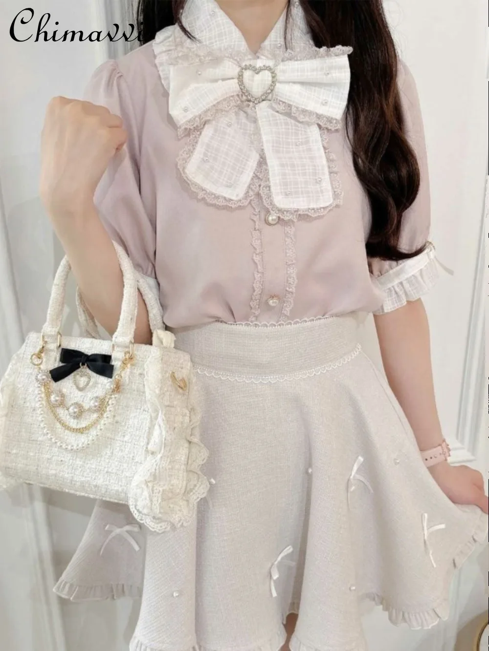 

New Sweet Pearl Color-Blocking Bow Shirt All-Match Japanese Mine Mass-Produced Girls Short Sleeve Top Slimming Lolita Blouse