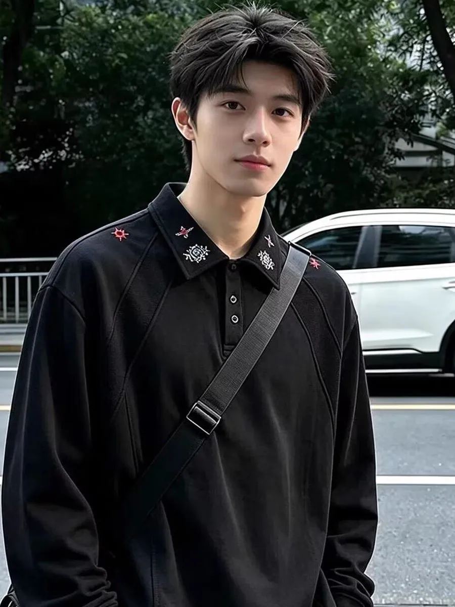 Black Embroidered  Shirt Men's Autumn Design Heavyweight Long Sleeve Loose Fit Sweatshirt Cleanfit Collar Casual Wear