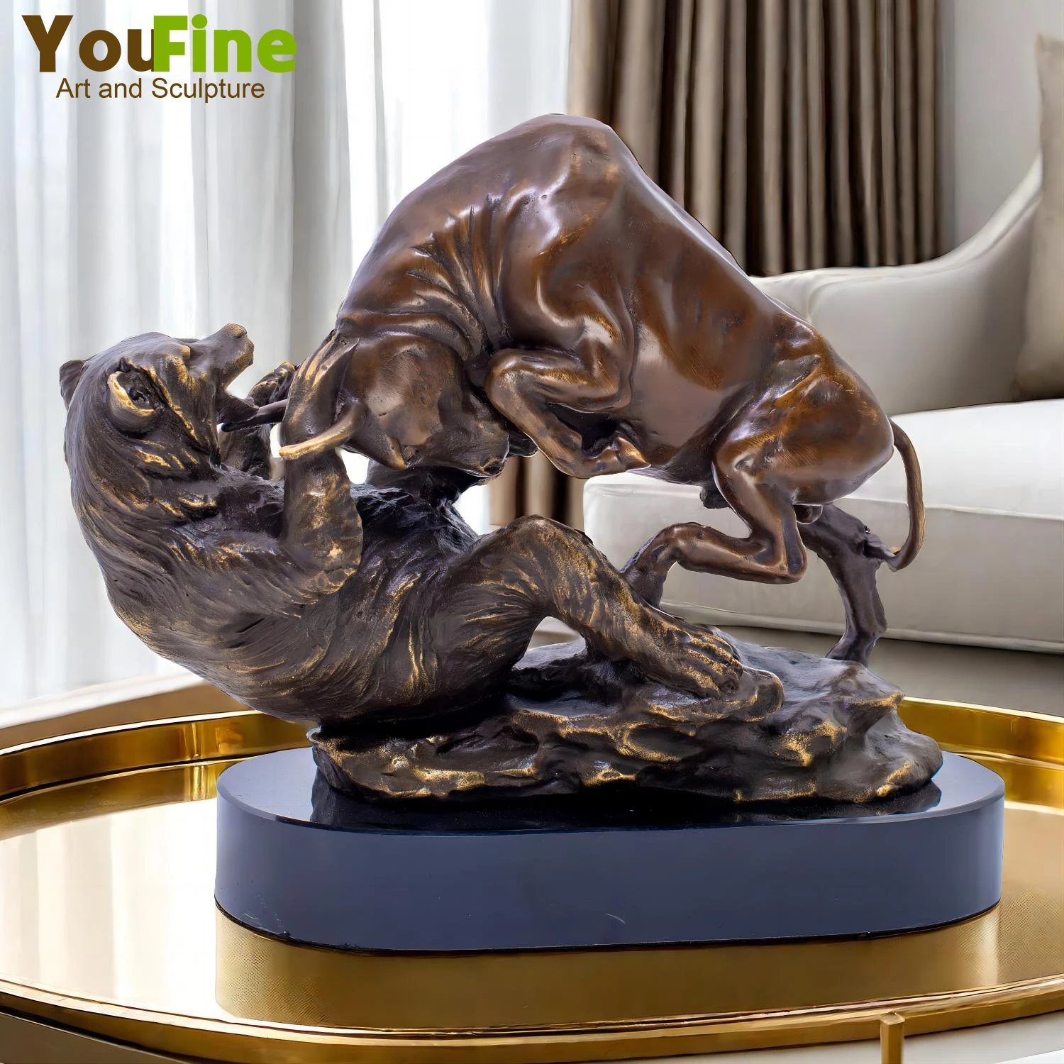 Bronze Bull and Bear Sculpture Wall Street Charging Bull VS Bear Fighting Bronze Statues Crafts For Home Decor Indoor Ornaments