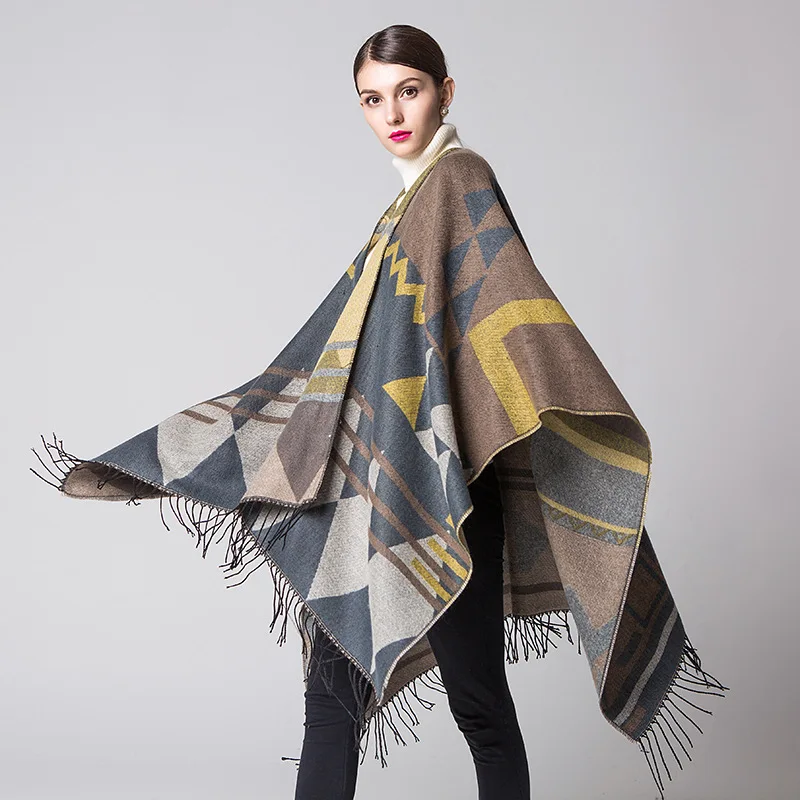 

Bohemian Tassel Imitation Cashmere Autumn Winter National Style Travel Fork Cape Ponchos Capes Lady Poncho Yellow