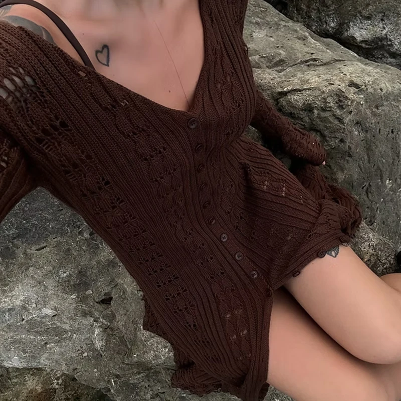 سترة محبوكة بتصميم مجوف للفتيات الحارة بلون سادة وأكمام طويلة ورقبة على شكل حرف v وأكمام جرس فرنسية طويلة #4