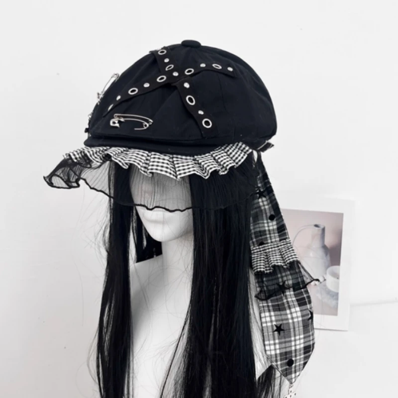 Niche Personality Y2k Punk Long Ears Black Forward Hat Spring and Autumn Trend Check Lace Pin Design Flat Top Berets for Women's