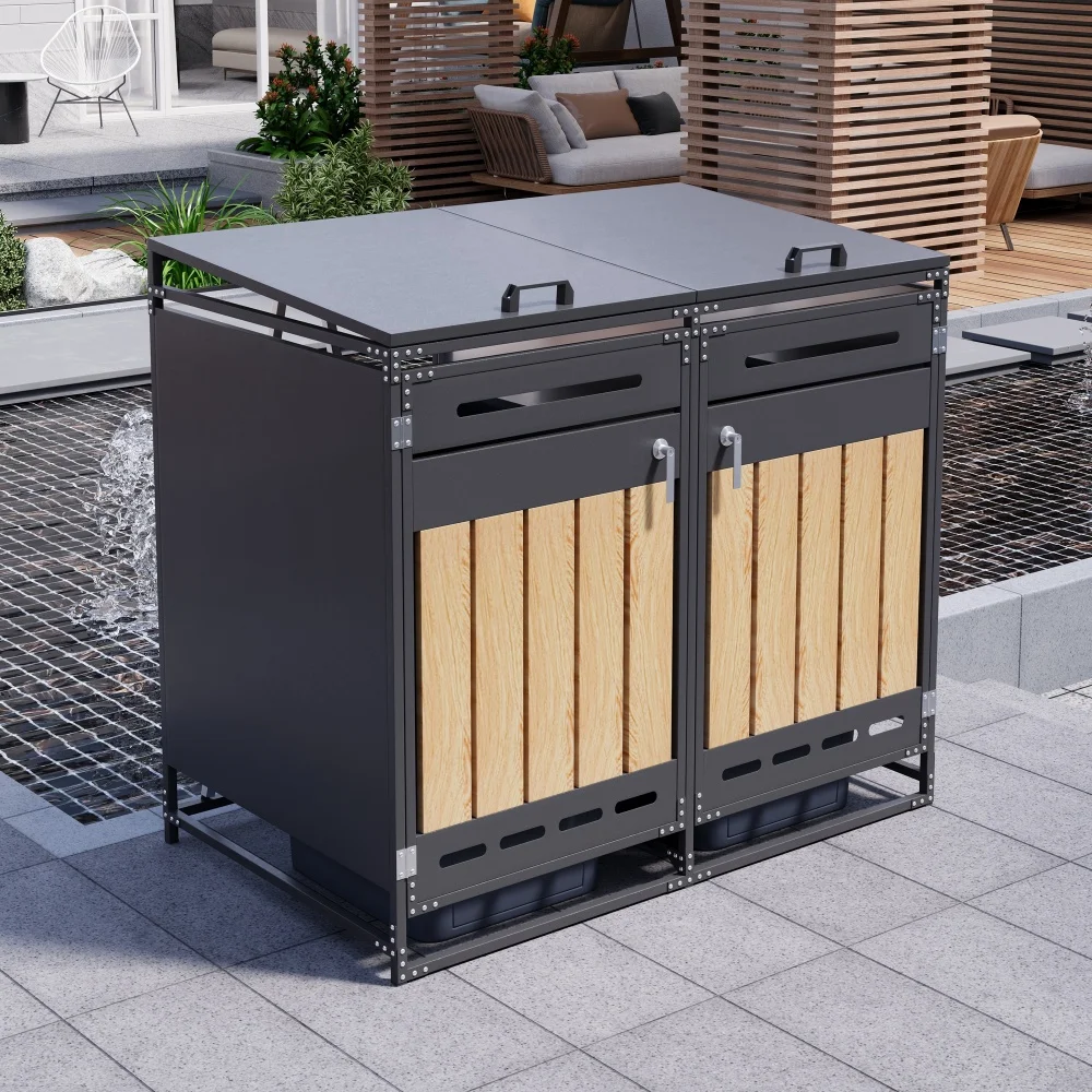 Contenedor de Basura para Jardín, Tapa Hidráulica, Acabado en Madera Vertical, Ventilación con Ranuras, Estructura Metálica con Cerradura