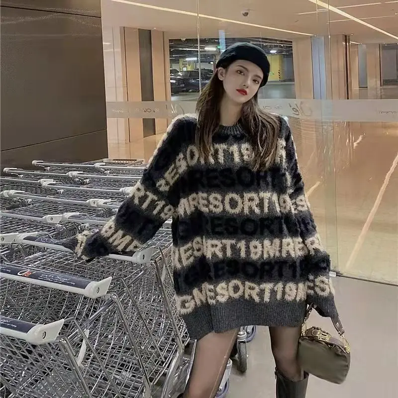 

Casual Fashion Letter Women's Sweater Autumn Winter New Medium Long Lazy Style Loose Casual Fashion Trendy Knitted Top for Women