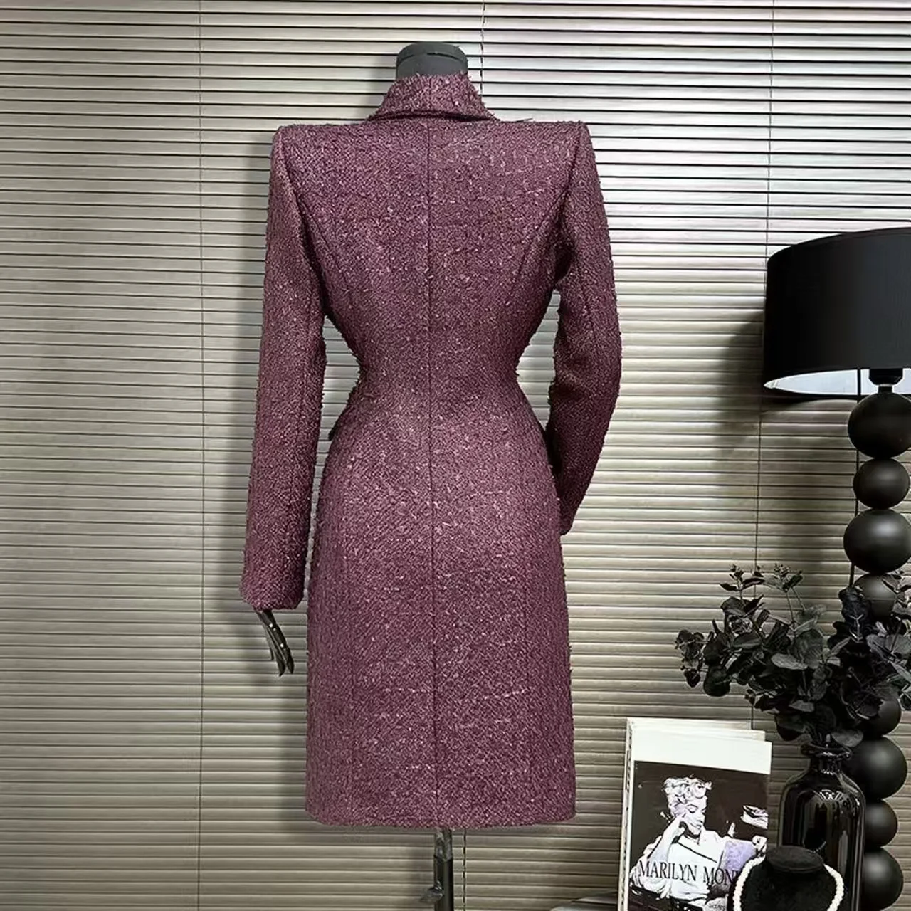 Purple Red Winter Thick Warm Woolen Coat, Women's Single Breasted Windbreaker, Casual  Jacket
