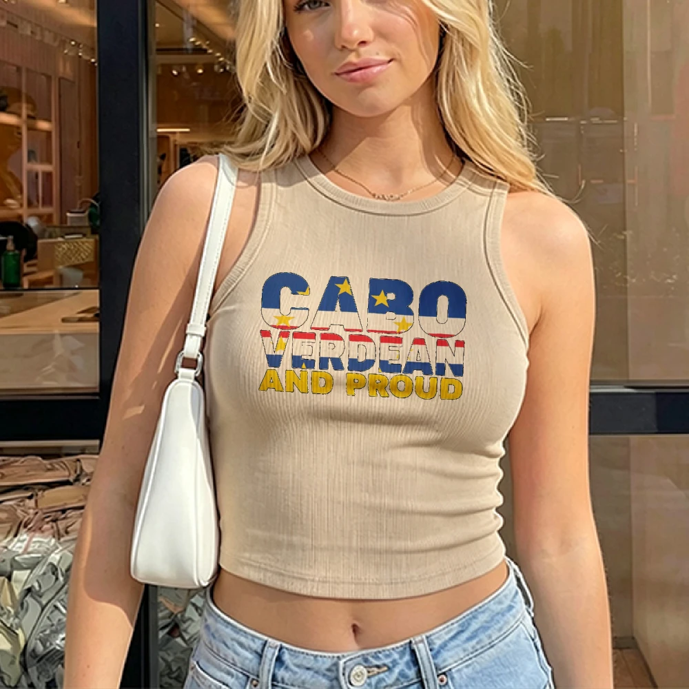Fashion Streetwear Sexy Women Ribbed Crop Tank Bold Cabo Verdean and Proud Flag Letter Cute Seaside Patriotic Sleeveless Top