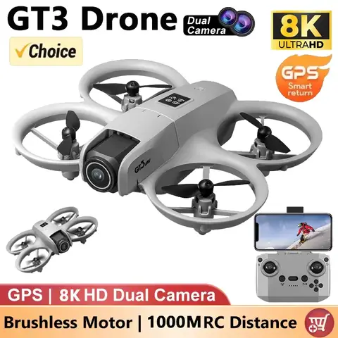 새로운 드론 GT3 GPS 8K 프로페셔널 HD 180 ° 듀얼 카메라 5G WIFI 브러시리스 모터 장애물 회피 FPV 접이식 쿼드콥터 장난감