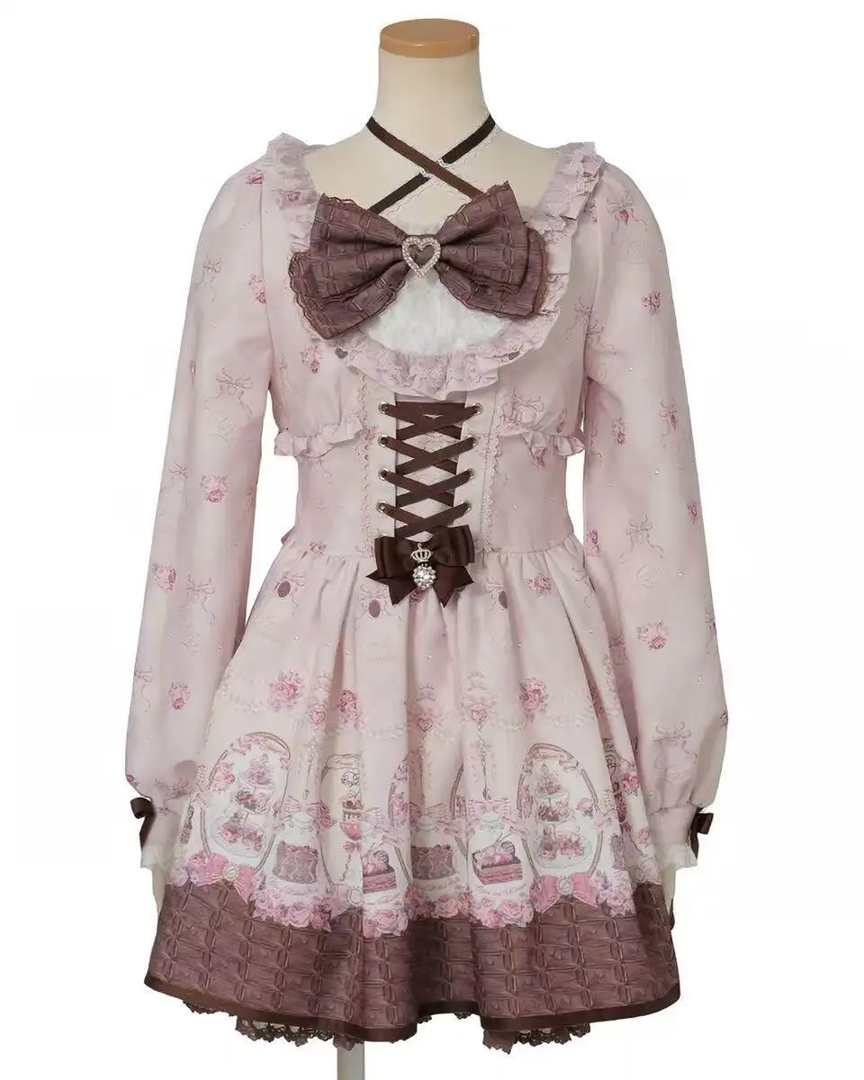 Liz Nieuwe 2026 Lente Nieuwe Japanse Gesmolten Chocolade Jurk Set Zoete Meisjes Cartoon Print Lange Mouwen Slanke Top Rok Prinsessen Outfits