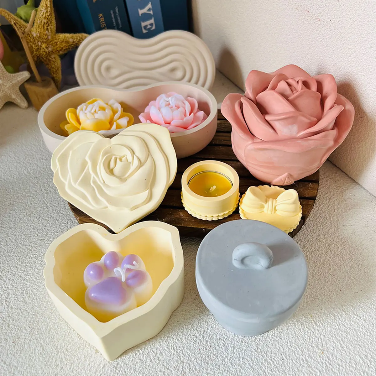 Gestreifte Kerzen glas Gefäß Silikon form Zement Kerzen becher Form mit Deckel herzförmige Rose Schmuck Bowknot Aufbewahrung sbox Harzform